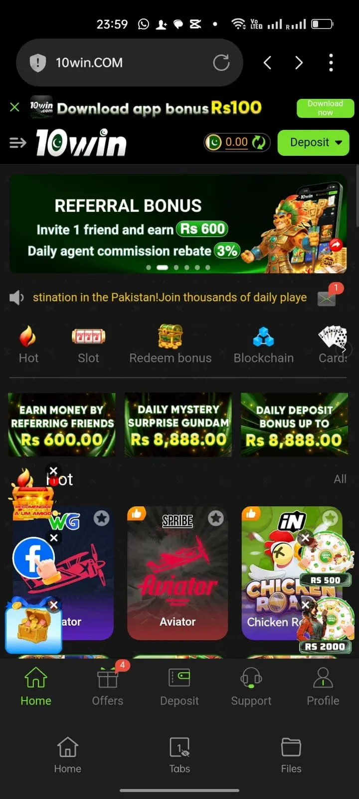 10Win lobby referral bonus banner Rs 600