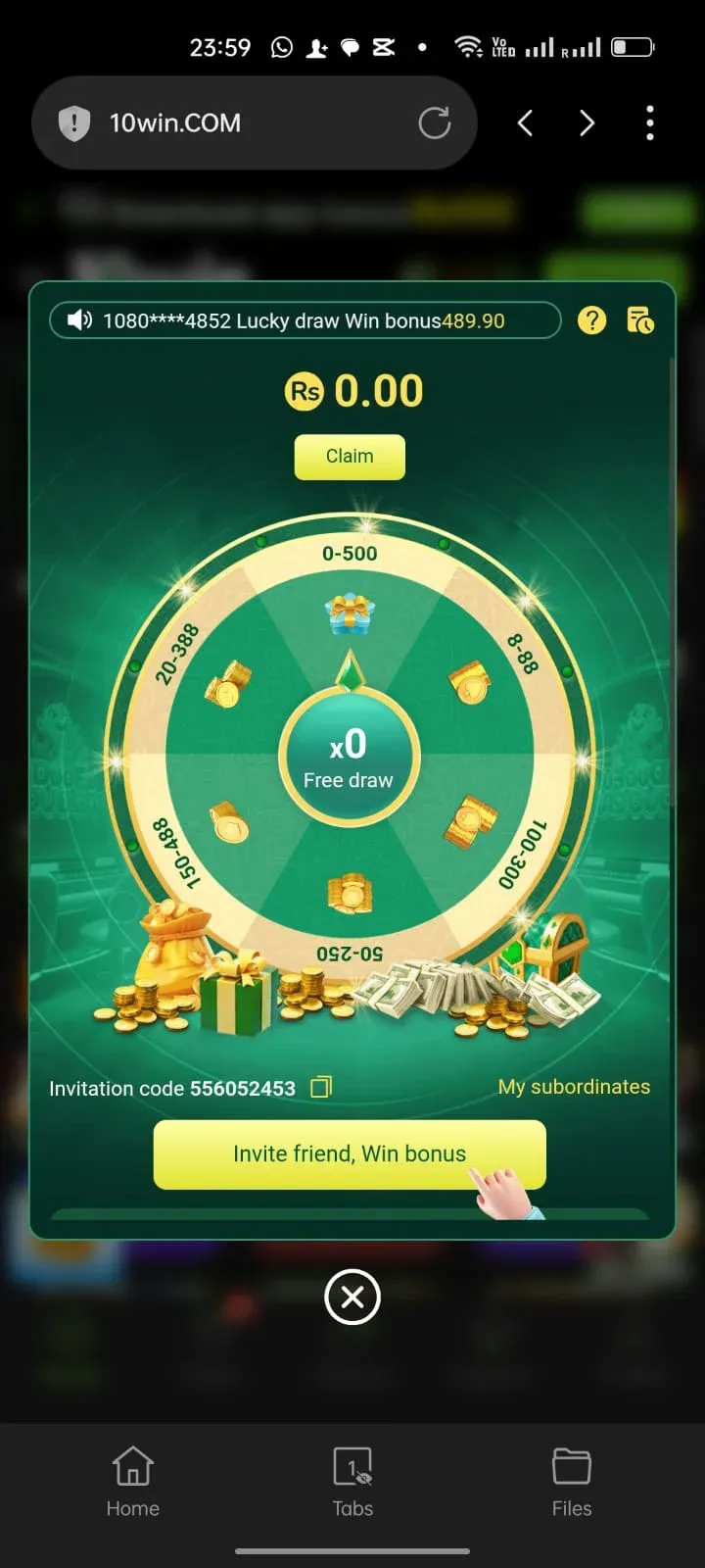 10Win lucky wheel spin screen