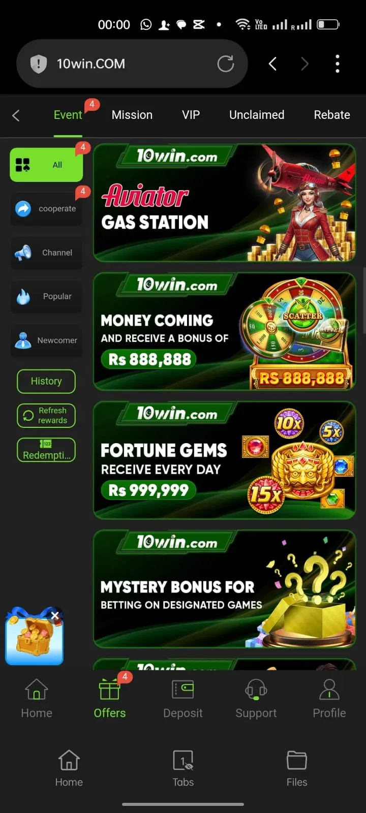 10Win event banners for Aviator, Money Coming and Fortune Gems