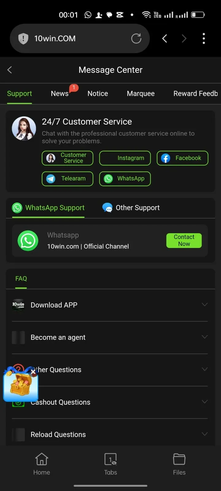10Win Message Center with 24/7 customer service and WhatsApp support